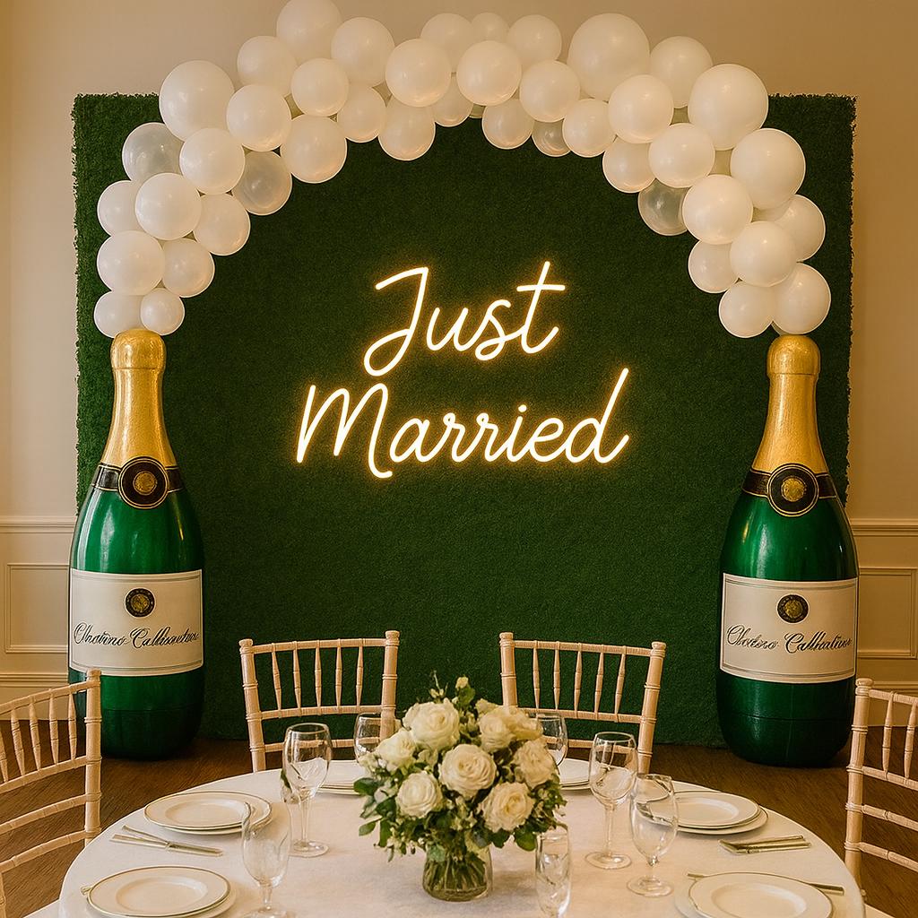 Just Married balloon display in green and white theme
