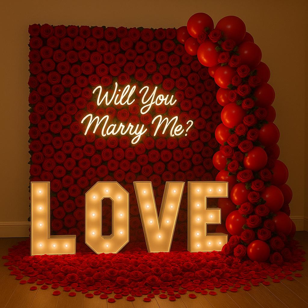 Romantic proposal setup with balloons and floral decorations