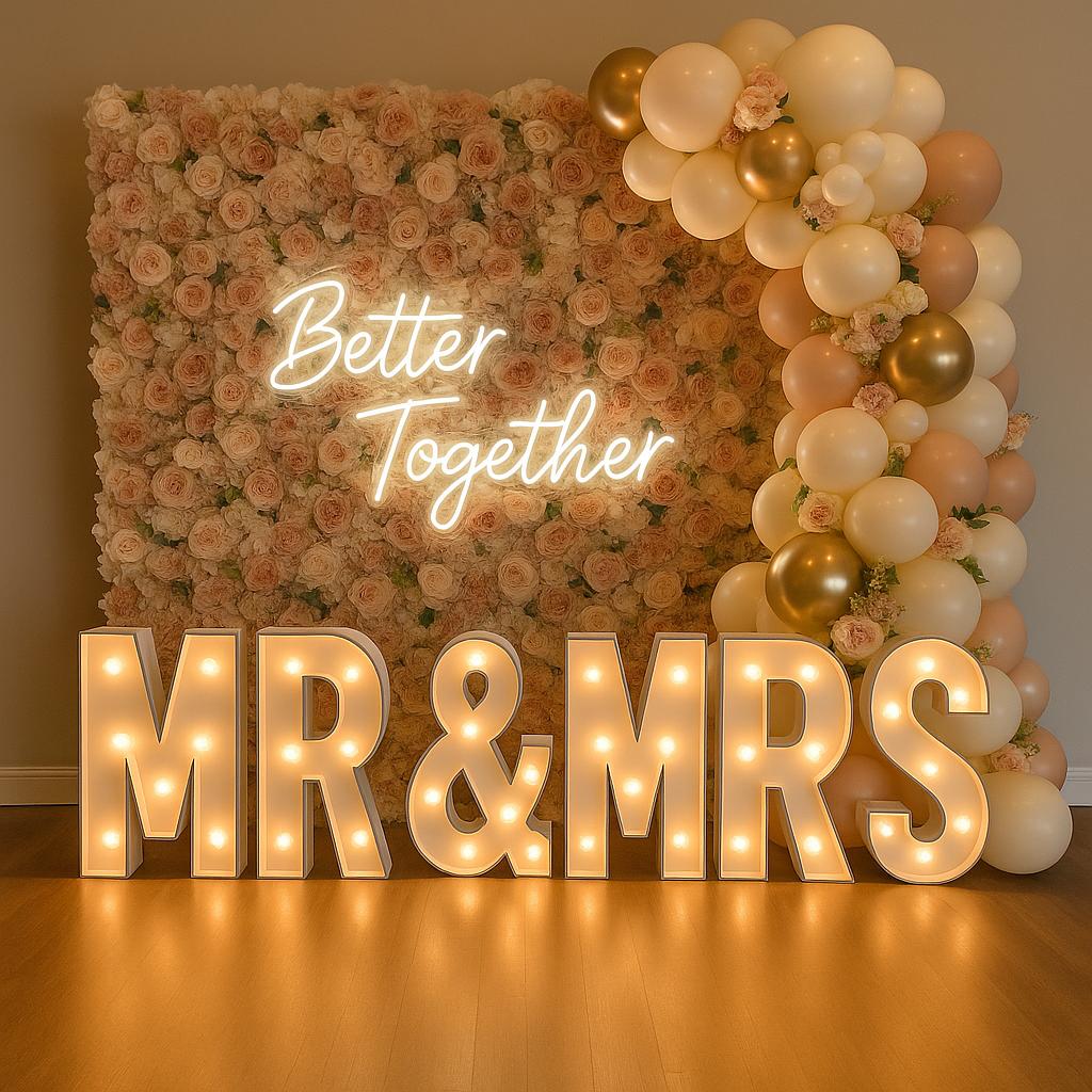 Mr & Mrs balloon display in pink and gold theme